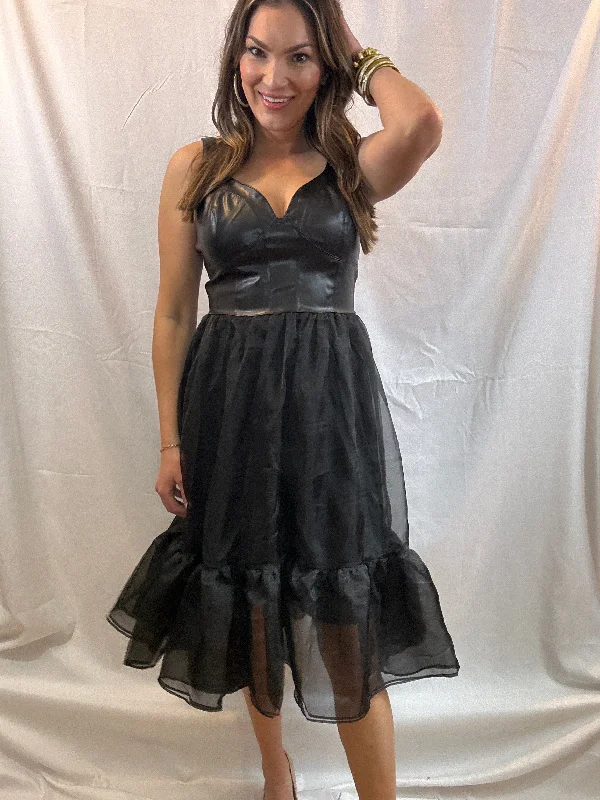 Buy More, Save More Black Faux Leather/Ruffle Midi Dress