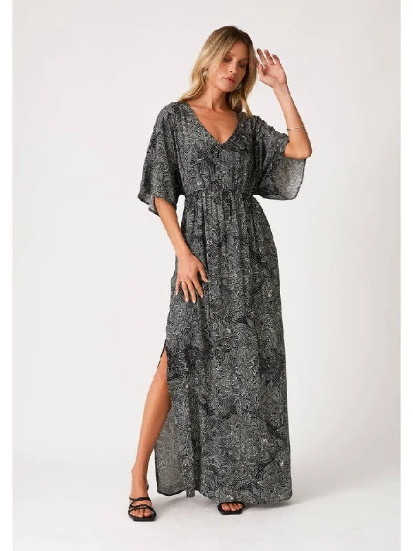 Super Sale Black Floral Print Kimono Maxi Dress
