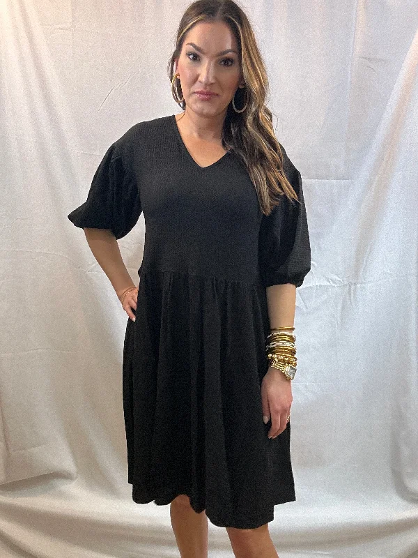 YEAR-End Sale Black Knit V-Neck Puff Sleeve Dress
