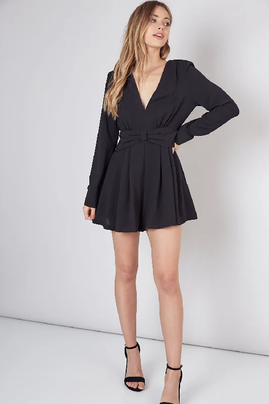 Don’t Miss Out Black Long Sleeve Plunging V-neck Romper