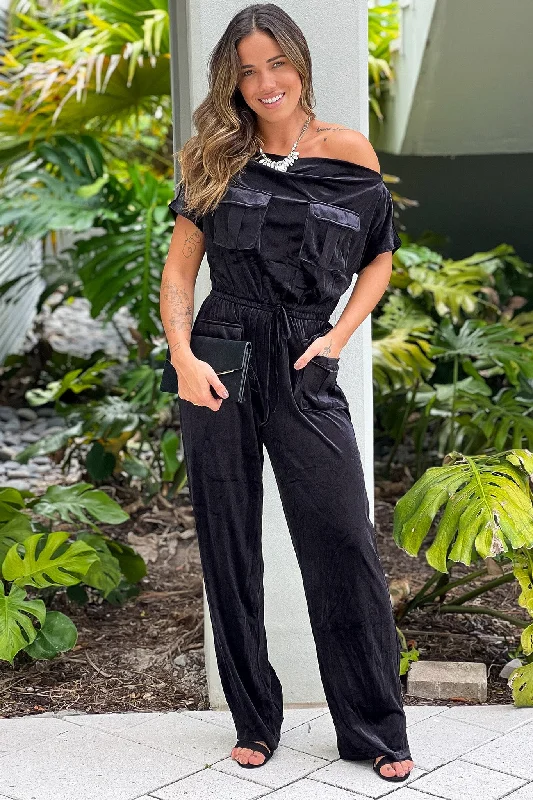 Instant Discount Black Off Shoulder Velvet Jumpsuit