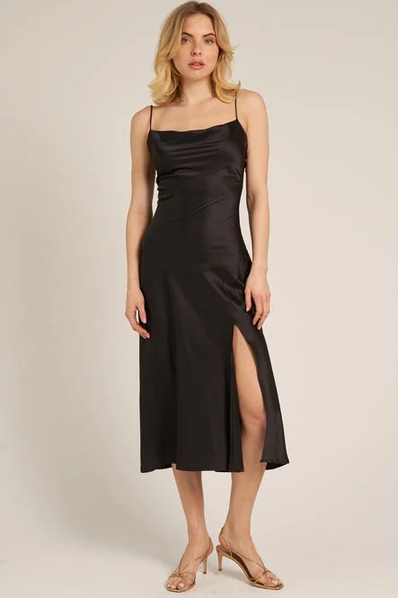 Deep Discounts Black Satin Cowl Neck Midi Dress