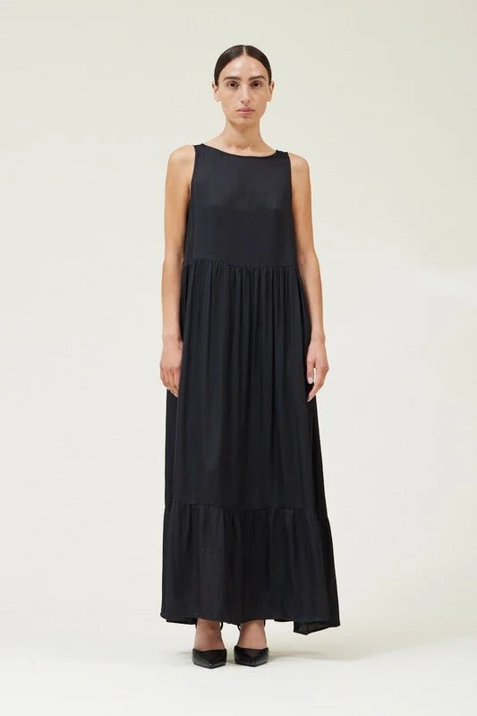 Instant Discount Black Satin Tiered Maxi Dress