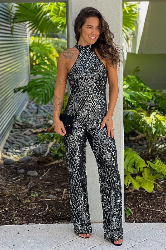 Bargain Prices Black Sequined Halter Neck Jumpsuit