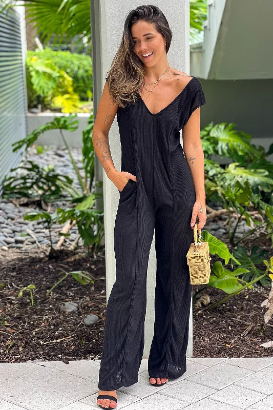 Flash Deals Black Short Sleeves Jumpsuit With Pockets