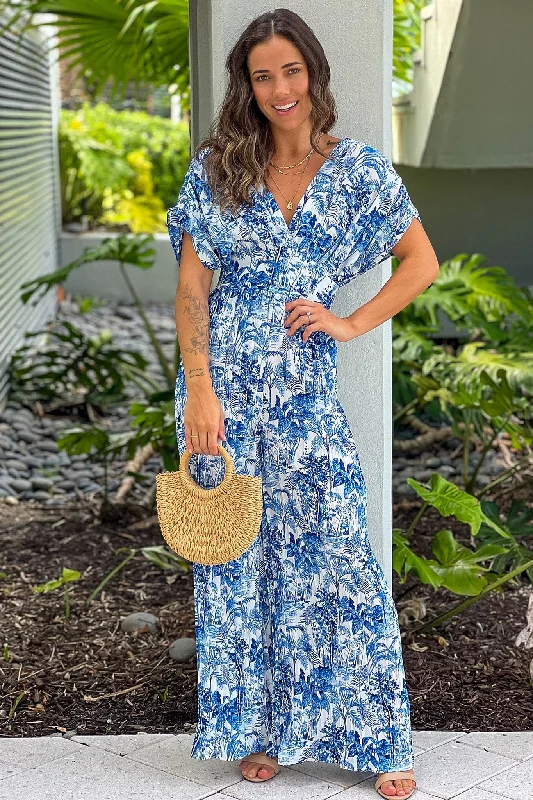 Extra Savings Blue Pleated V-Neck Jumpsuit