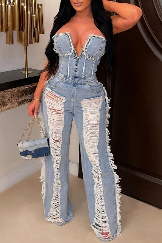 Major Savings Blue Sexy Ripped Backless Strapless Sleeveless Regular Denim Jumpsuits