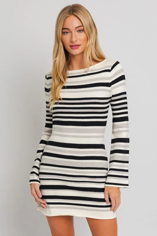 Inventory Reduction Boat Neck Bell Sleeve Sweater Dress