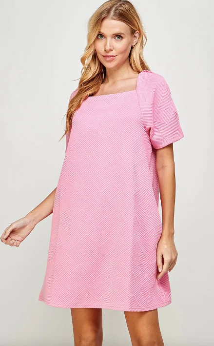 Clearance Event Bubble Gum Pink Textured Puff Sleeve Dress