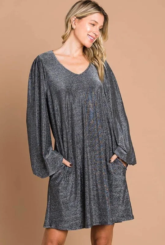 Online Only Bubble Sleeve Silver Shimmer Dress