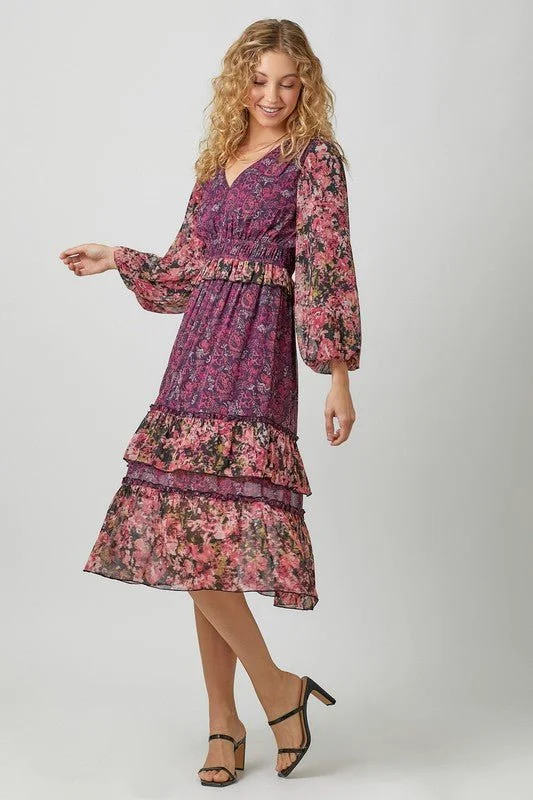 Reduced Prices Burgundy Mix Front Ruffle Midi Dress