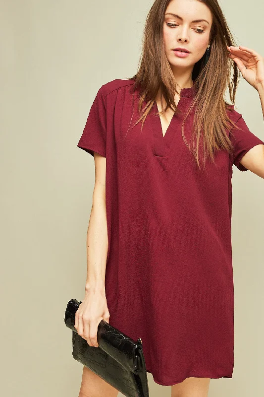 Super Savings Burgundy Red V-neck Short Sleeve Shift Dress