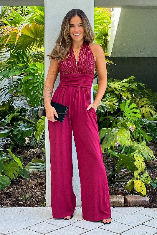 YEAR-End Clearance Burgundy Sequined Top Jumpsuit