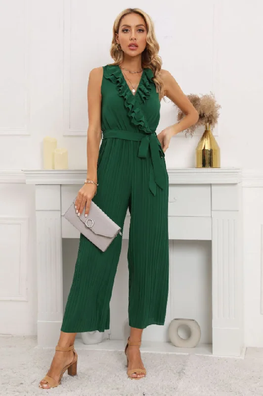 Take Advantage Calf Length Pleated Ruffled Jumpsuit
