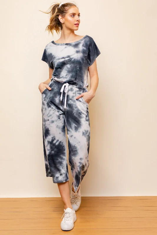 Fantastic Offers Navy Blue & White Tie Dye Short Sleeve Jumpsuit