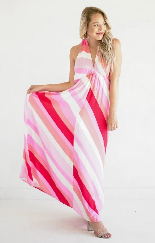 Midnight Madness Candy Crush Pink Red White Diagonal Stripe Maxi Dress