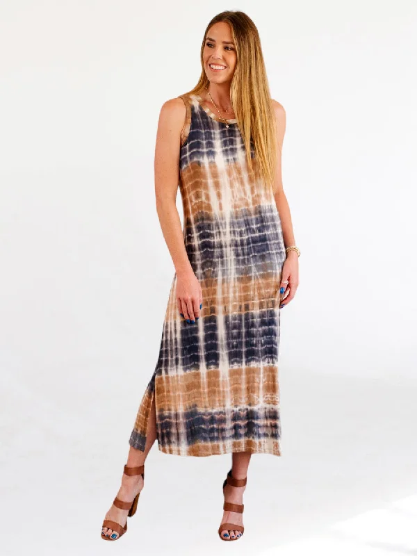 Super Deal Cappuccino Tan and Navy Blue Tie Dye Maxi Dress