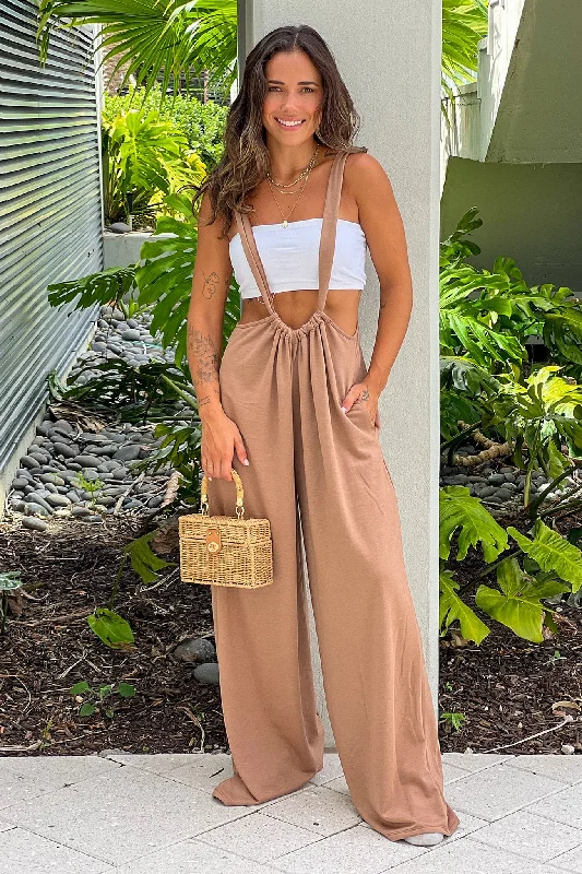 Can't Miss Caramel Jumpsuit With Pockets And Tie Back