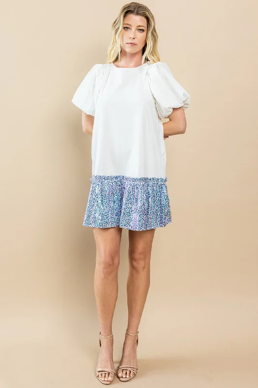 Blowout Sale Puff Sleeve Sequin Ruffle Hem Dress