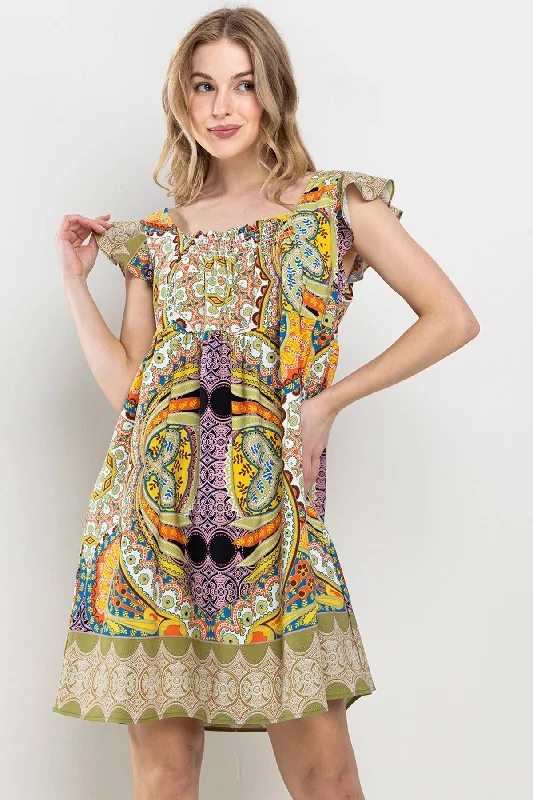 New Deals Border Print Squared Neck Dress