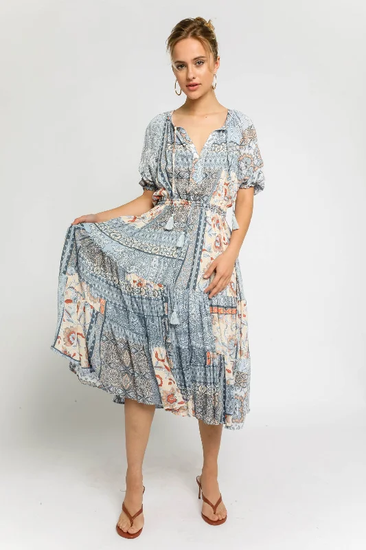 Savings Spectacular Chloe Parker Blue Floral Peasant Short Sleeve Midi Dress