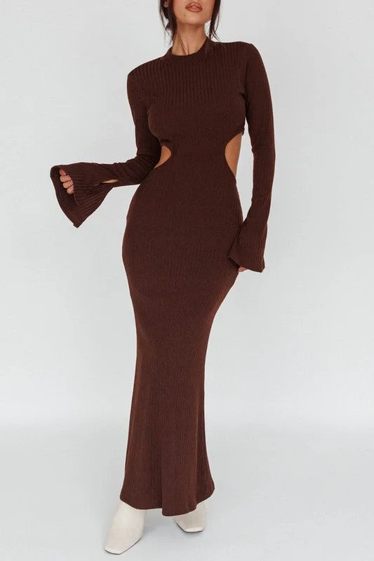 Best Seller Chocolate Brown Long Sleeves with Flared Cuffs Open Back Knit Maxi Dress