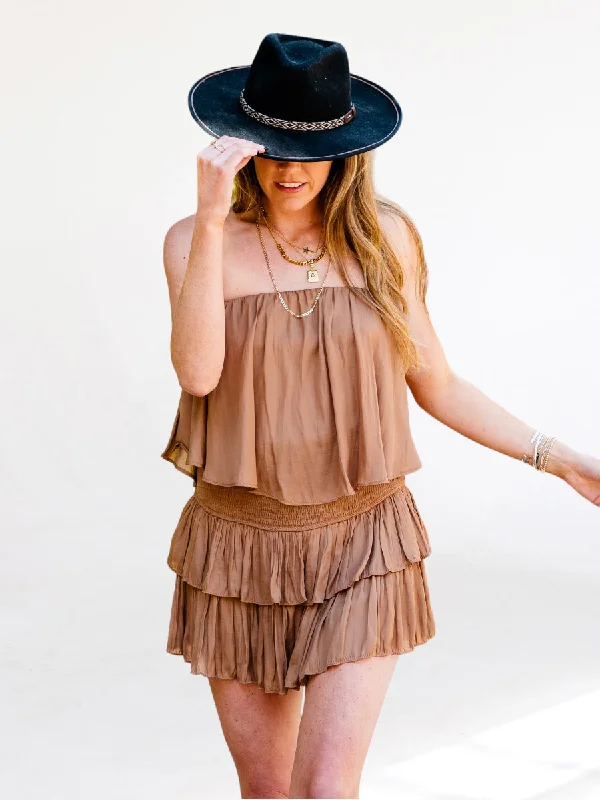 Shop and Save Cierra Straw Strapless Ruffled Tiered Romper