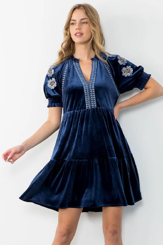 Discount Mania Cobalt Embroidered Velvet Dress-THML