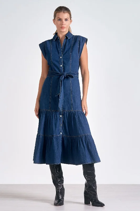 Price Reduction Dark Denim Tiered Belted Maxi Dress