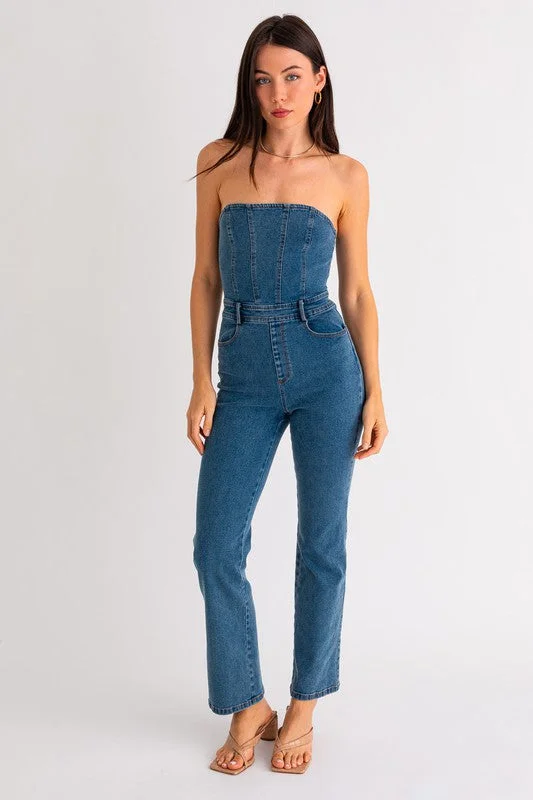 Today Only Denim Strapless Belted Jumpsuit