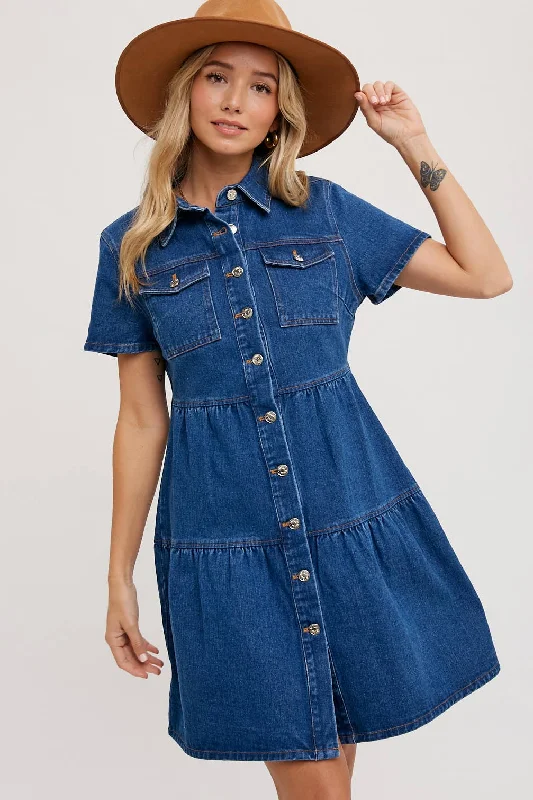 Exclusive Access DENIM TIERED BUTTON FRONT SHIRT DRESS