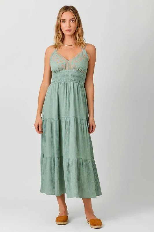 Super Deal Dusty Teal Embroidered Halter Dress