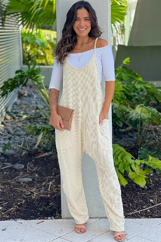 Unmissable Offer Ecru Ribbed Jumpsuit With Pockets
