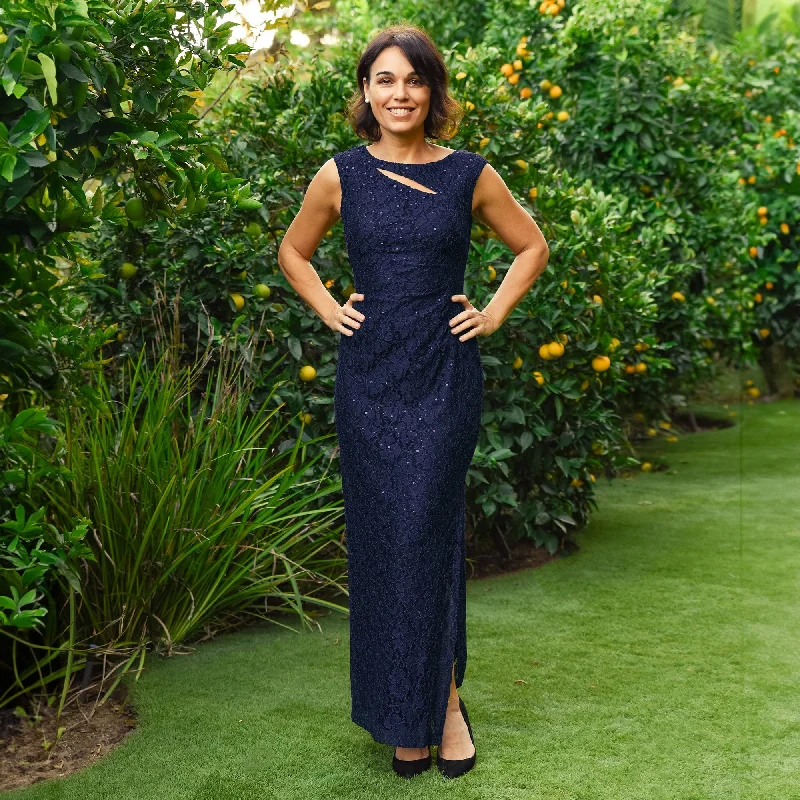 Savings Galore Elizabeth Navy Sequin Lace Floor Length Dress