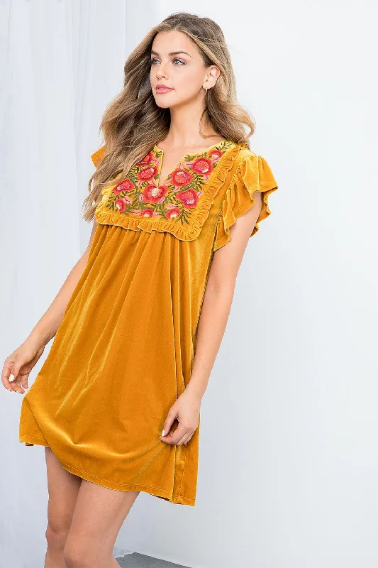 Massive Deals Fall Feels Velvet Embroidered Dress-THML