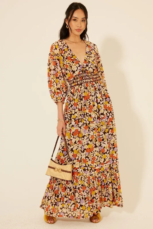 New Markdowns Fall Floral Smock Waist Maxi Dress
