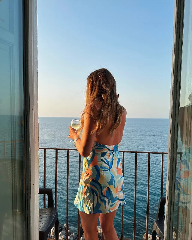 Act Fast Felicity Retro Abstract Print Blue & Orange Halter Mini Dress