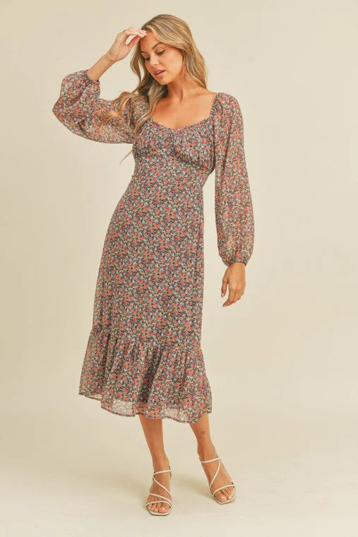 Clearance Event Jane Floral Print Long Sleeve Midi Dress