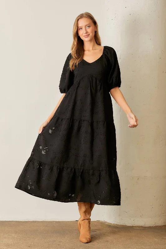 Markdowns FLORAL TEXTURED TIERED MIDI DRESS