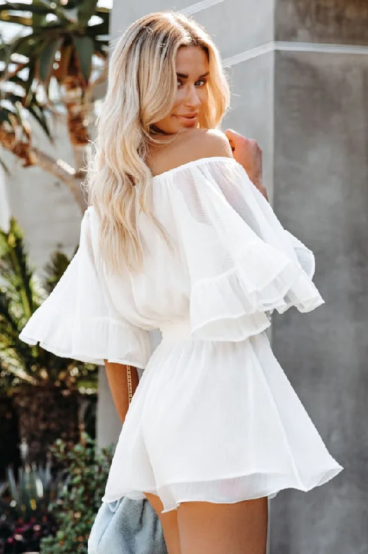 Mega Sale Flounced Sleeve Off Shoulder Romper
