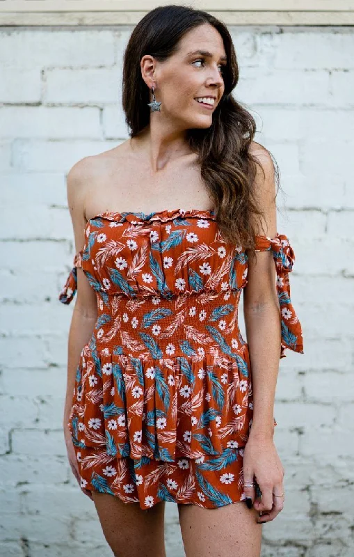 Deal Mania Orange and Blue Floral Off the Shoulder Romper