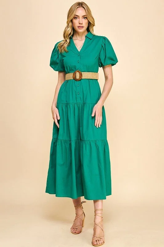 Sale Event Green Poplin Belted Midi Dress