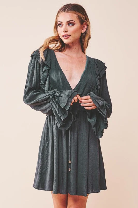 New Arrival Green Ruffle Surplice Tied V-neck Dress