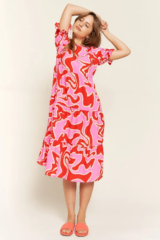 Closeout Beautiful Chaos Tiered Short Sleeve A-Line Midi Dress (2 colors)
