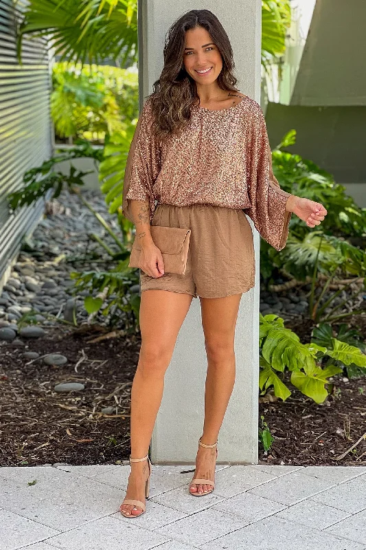 Mega Sale Latte Satin Romper With Sequins
