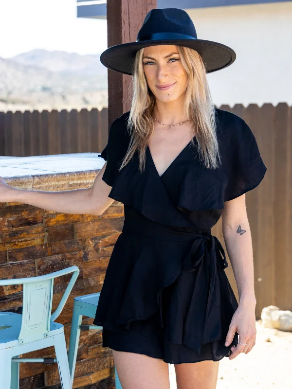 Bonus Savings Laurel Black Wrap Around Open Back Short Sleeve Romper