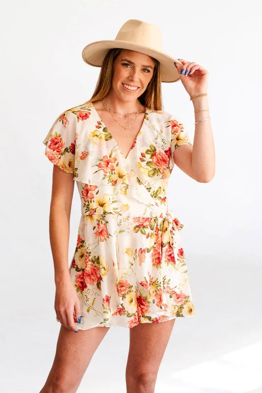 Last Chance White Laurel Floral Wrap Around Short Sleeve Romper