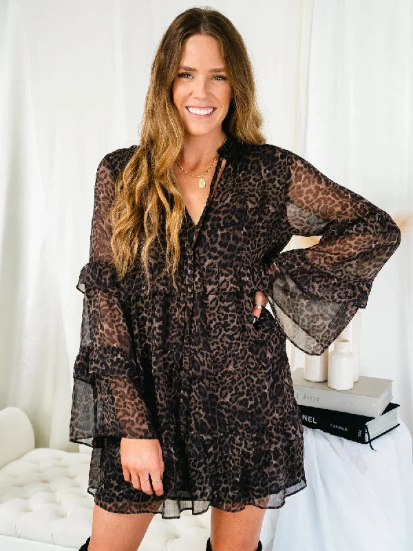 Great Deals Brown Leopard Print Sheer Tiered Babydoll Dress