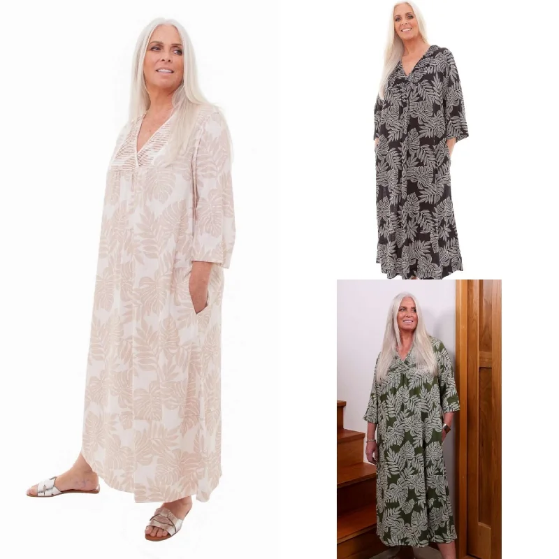 Savings Bonanza Linen Dotty Leaf Print Pintuck V-Neck Midi Dress