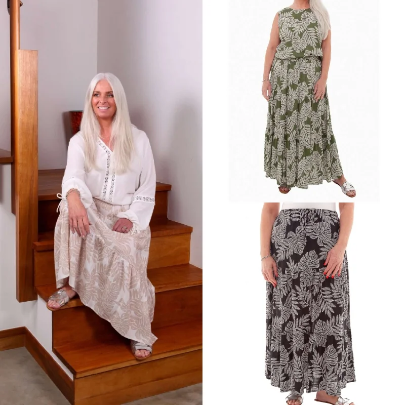 Bargain Blast Linen Dotty Leaf Print Tiered Maxi Skirt